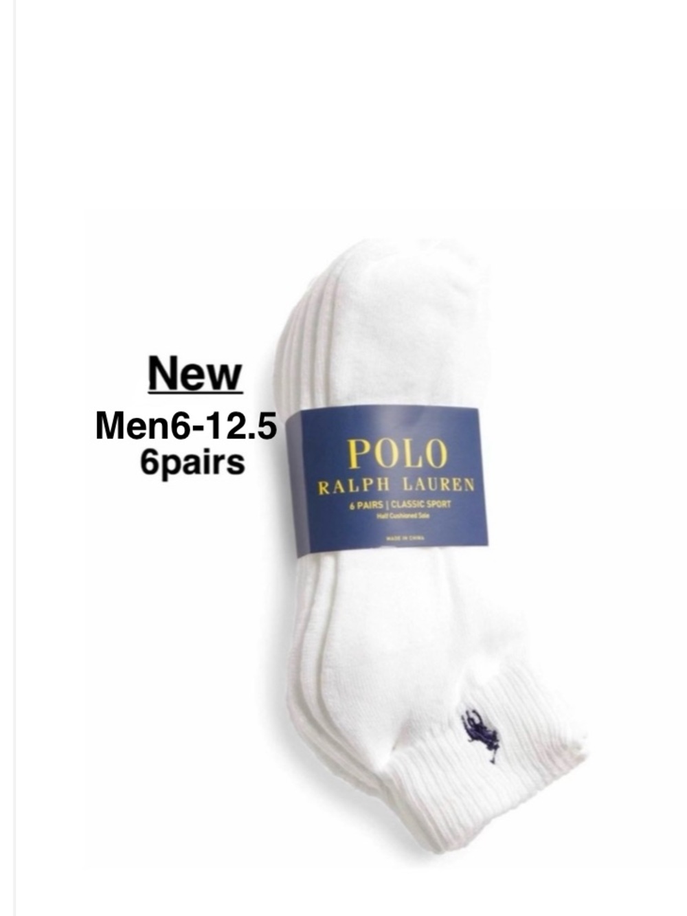New RALPH LAUREN POLO Men Quarter Socks White Athletic 6 pairs with tags ⭐️⭐️⭐️